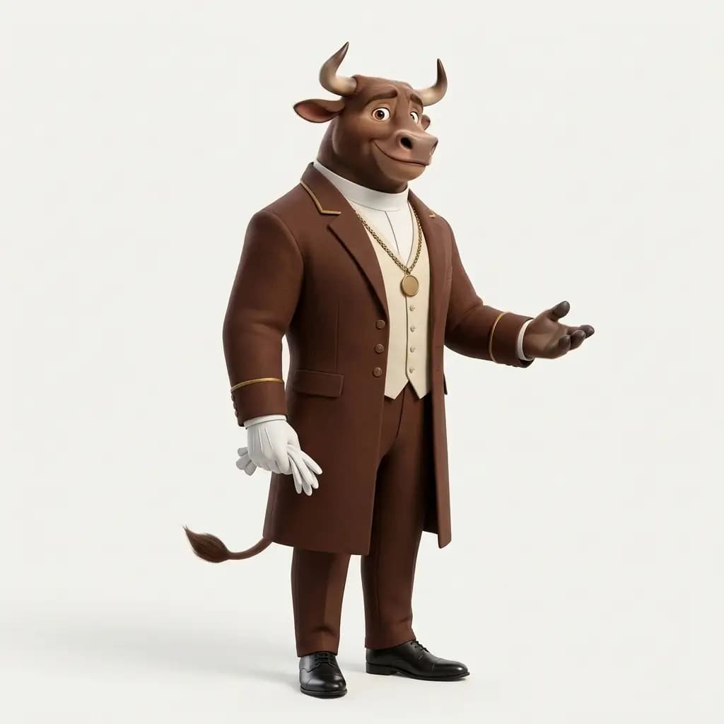 Mr Bull dressed as a custodian in a dark suit, keys in hand