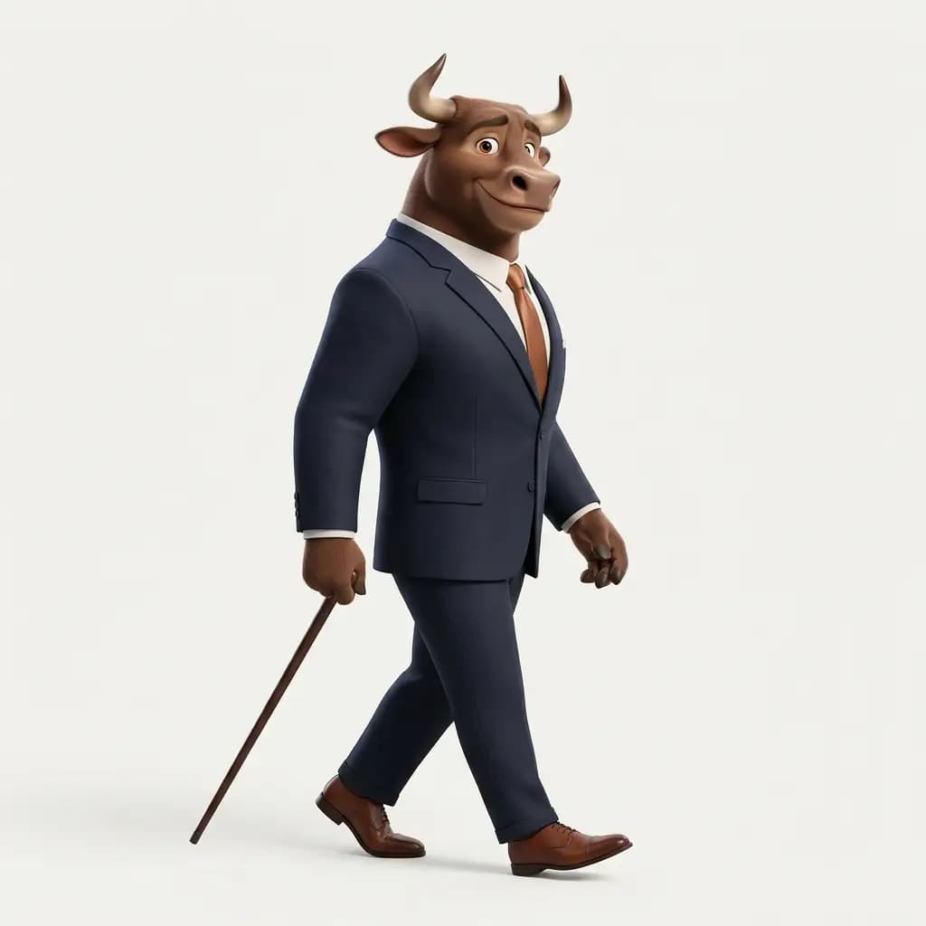 Mr Bull, the Entraqo assistant: a bull in a navy suit with a copper tie, walking with a cane